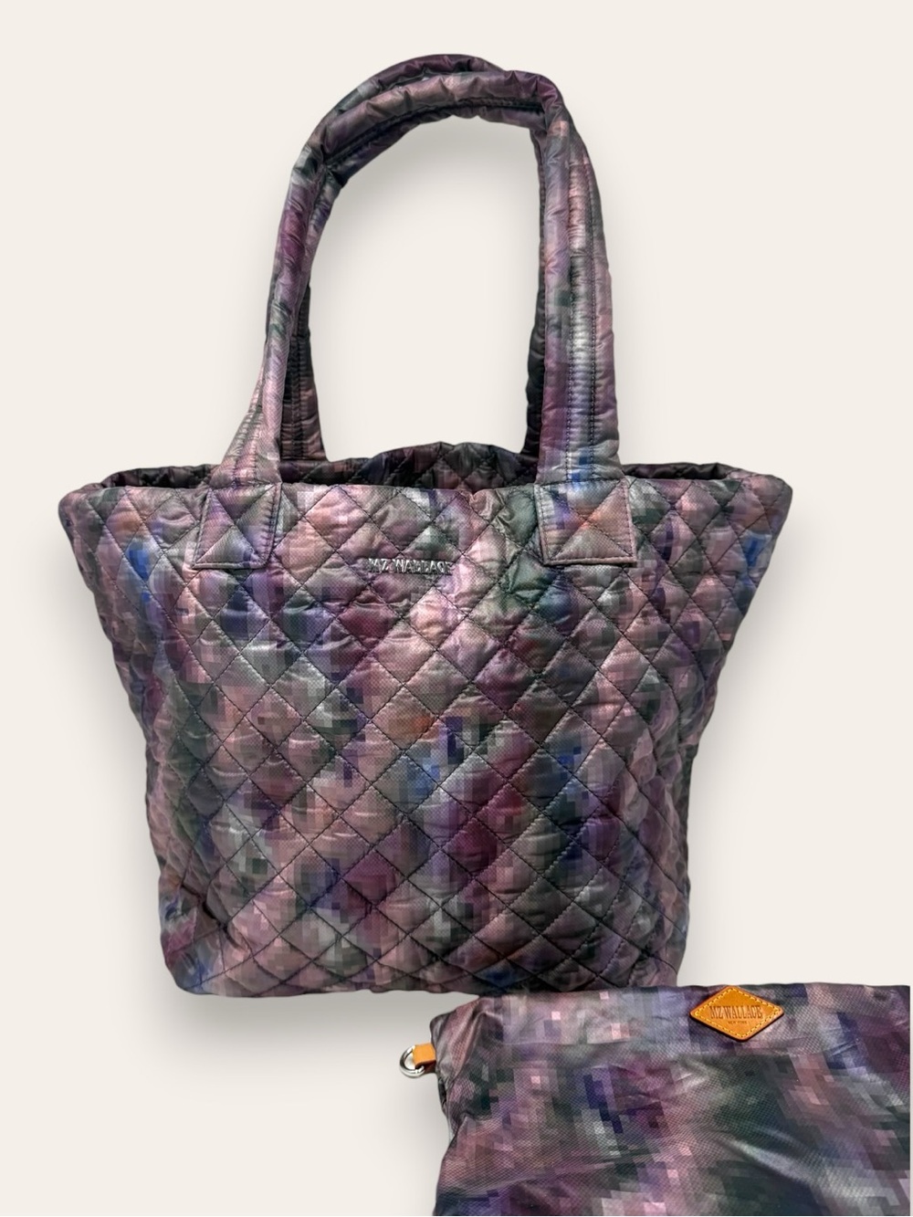 MZ Wallace Oxford Metro Tote Bag Pixel Print Medium Dual Handle Purple Indigo